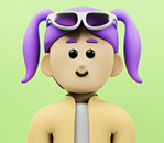Avatar de usuario. Ilustración 3D de un personaje con cabello morado en coletas, chaqueta amarilla y gafas de sol en la cabeza, sobre un fondo verde.