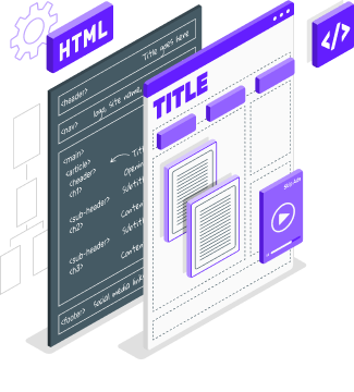 Ilustración del desarrollo de una página web con estructura HTML, mostrando código y diseño visual de una interfaz.